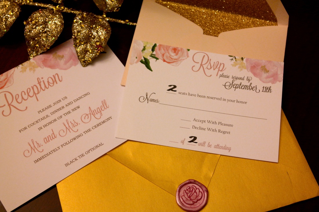 Pink and gold wedding invitations that clearly indicate how many guests are invited - best way I've seen to communicate this!