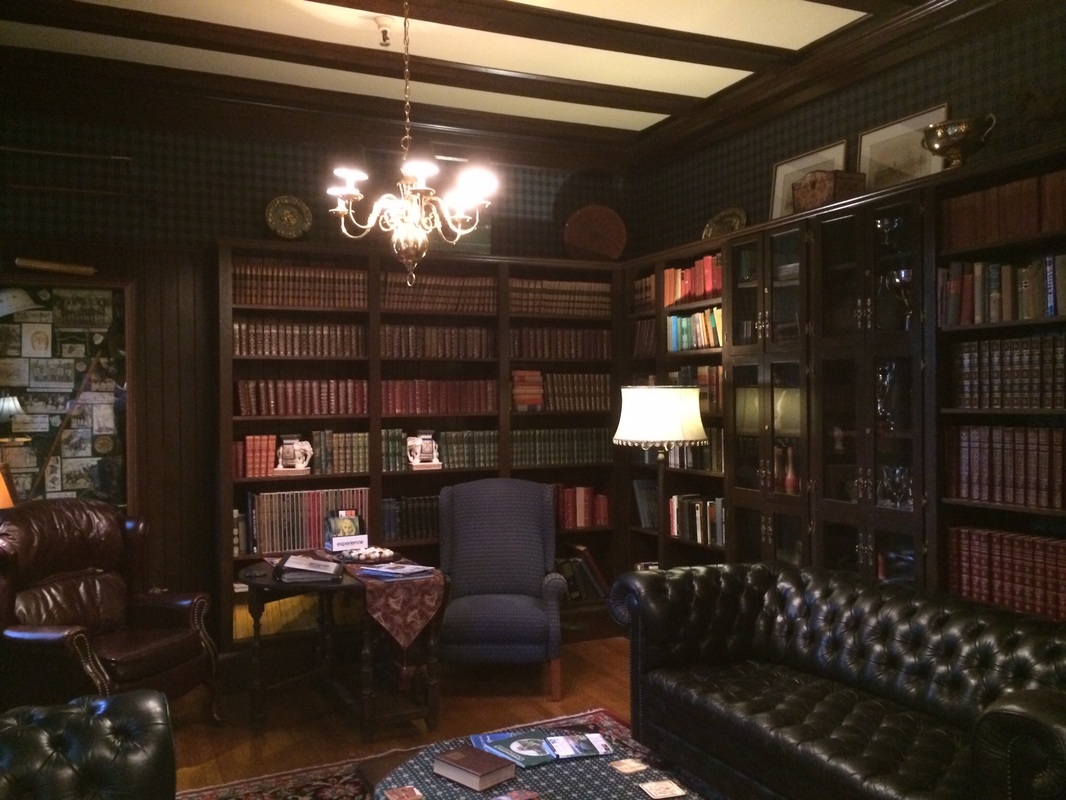 Beaconsfield Inn library, where complimentary tea, cookies, and sherry are served every evening