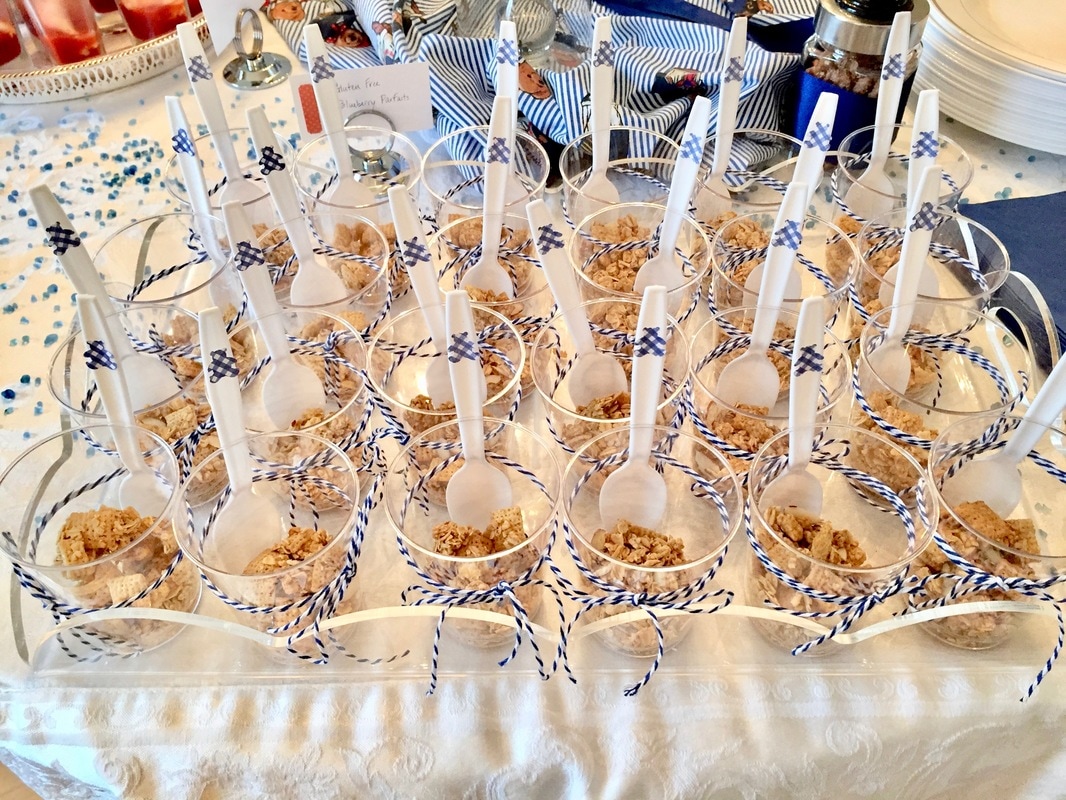 Personal yogurt parfaits decorated in blue and white plaid teddy bears for polo baby shower